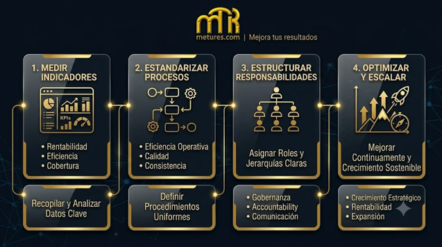 Niveles de madurez empresarial METURES: medición de indicadores, procesos documentados, estructura organizacional, optimización y escalabilidad. Consultoría de negocios profesional, Servicios de Consultoría Financiera.