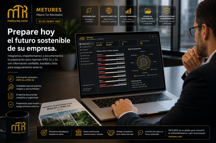 Preparación empresarial para sostenibilidad, ESG e IFRS S1 y S2 con enfoque en cumplimiento, indicadores y trazabilidad documental.