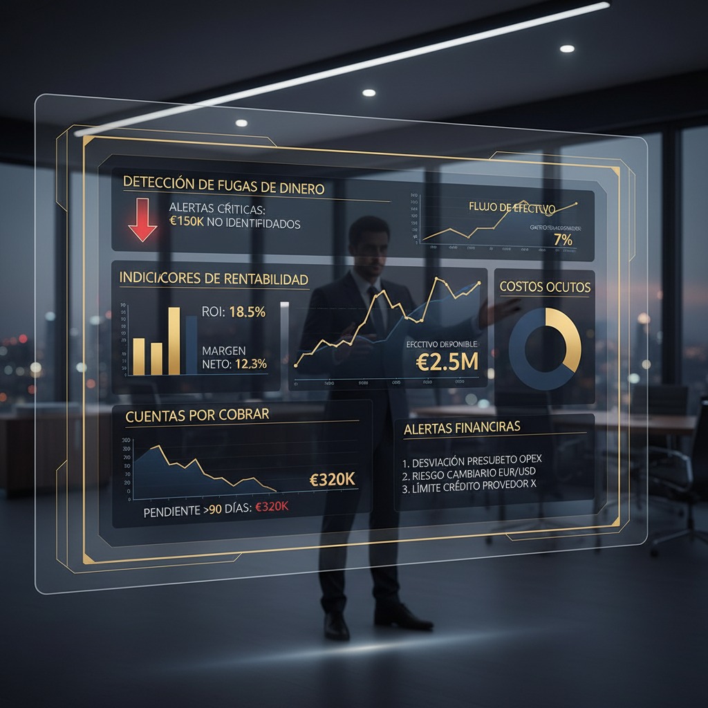 Dashboard financiero METURES para detección de fugas de dinero en empresas, con indicadores de rentabilidad, costos ocultos, flujo de efectivo y seguimiento de acciones correctivas.